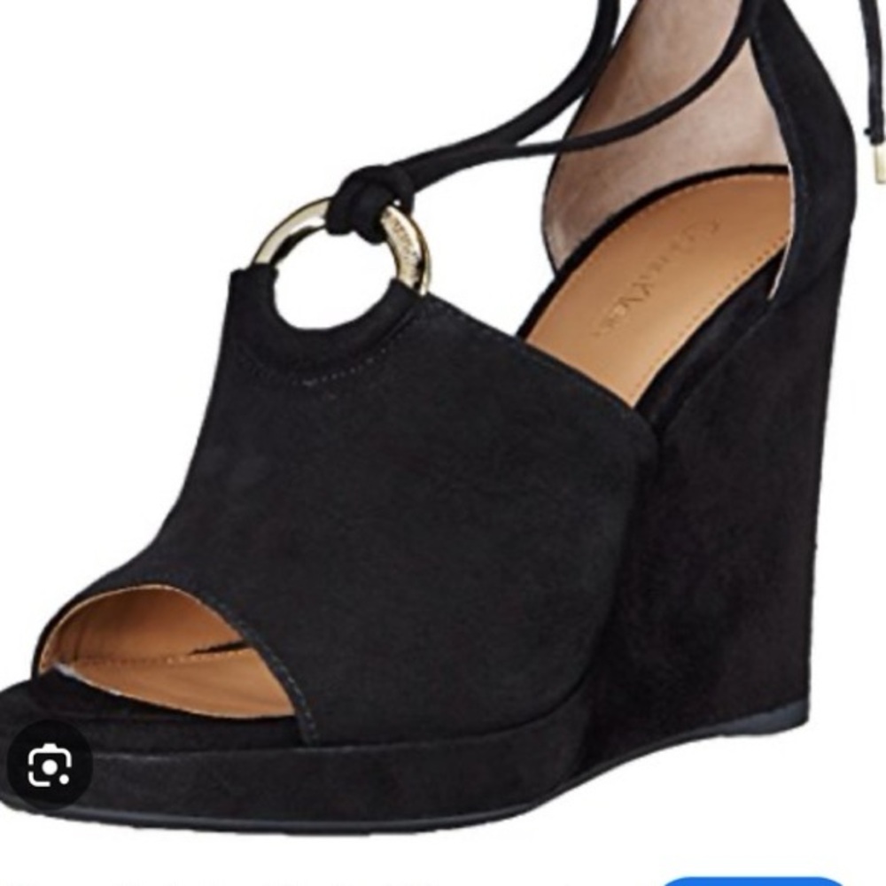 Calvin Klein Romona Black Sued Wedge Heels with Gold Ring and Ankle ties